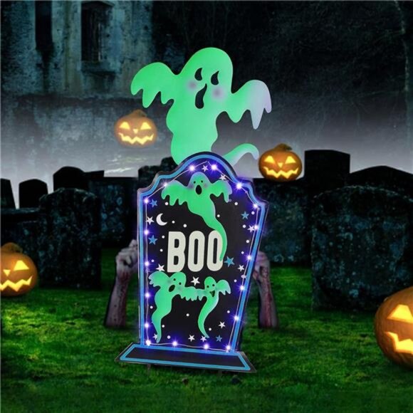 Halloween Yard Stake, 26.4" Solar Lighted Metal Tombstone with Glow in the dark - Picture 7 of 8